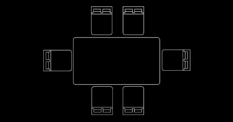 Télécharger un bloc gratuit de table rectangulaire avec 6 chaises détaillées DWG