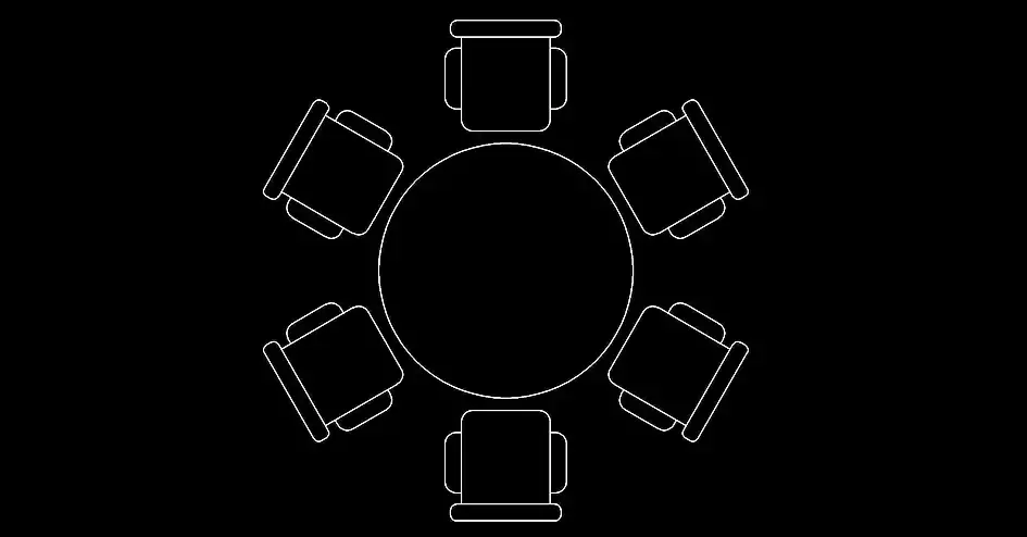Télécharger un bloc gratuit de table ronde avec 6 chaises DWG