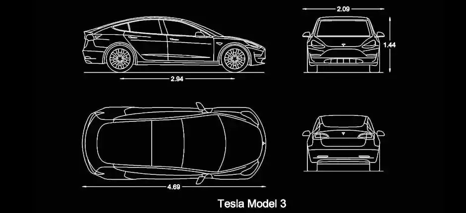 Télécharger un bloc gratuit de Tesla Model 3 en plan et élévations DWG