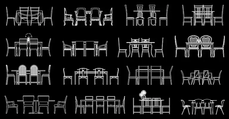 Télécharger une collection de blocs gratuits de tables avec 6 chaises en élévation DWG