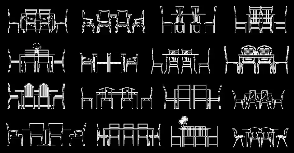 Télécharger une collection de blocs gratuits de tables avec 6 chaises en élévation DWG