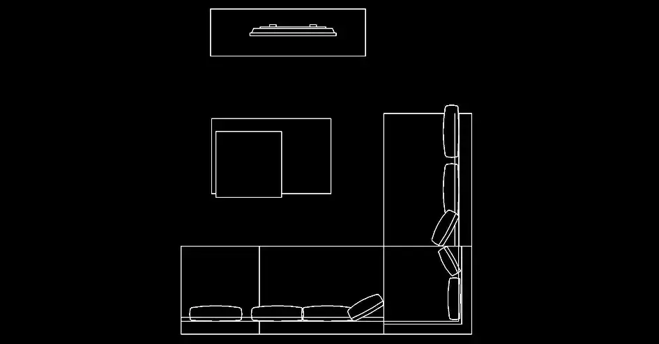Télécharger un bloc gratuit de salle de TV avec canapé en L et meuble multimédia DWG