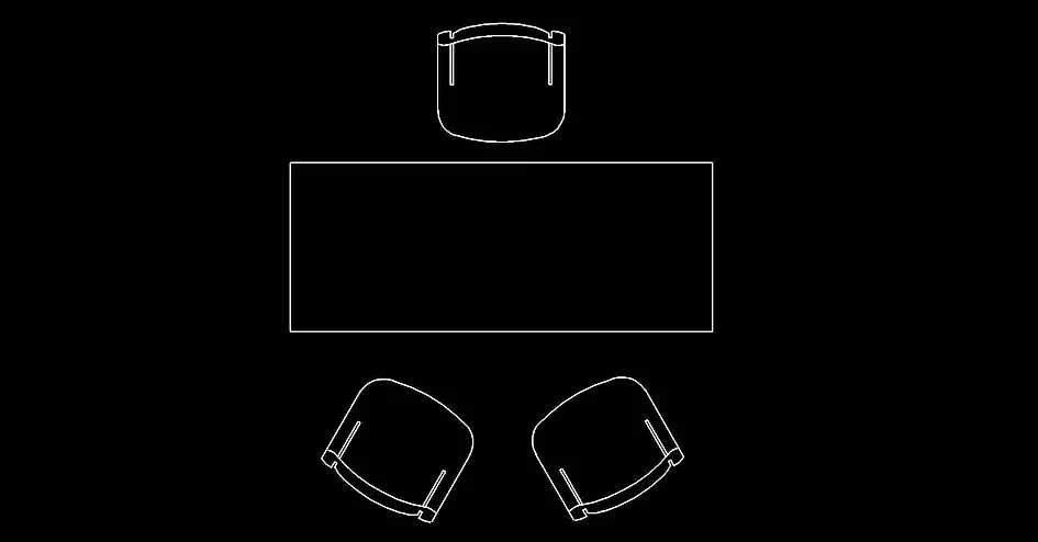 Télécharger un bloc gratuit de bureau rectangulaire avec trois chaises DWG