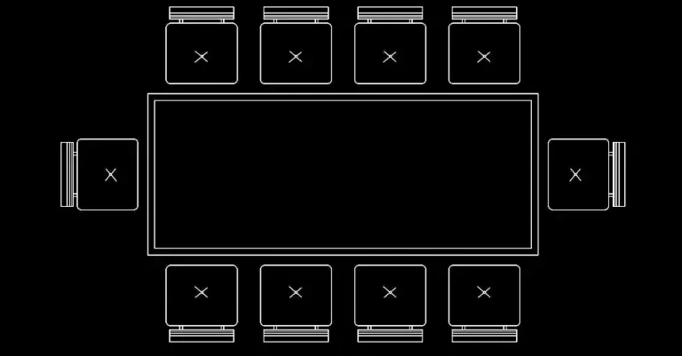 Télécharger un bloc gratuit de table rectangulaire avec 10 chaises carrées DWG