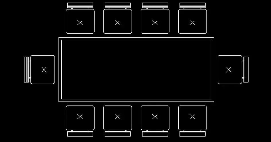 Télécharger un bloc gratuit de table rectangulaire avec 10 chaises carrées DWG