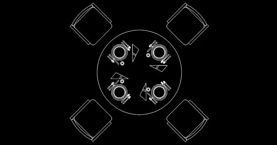 Télécharger un bloc gratuit de table ronde dressée avec 4 chaises DWG
