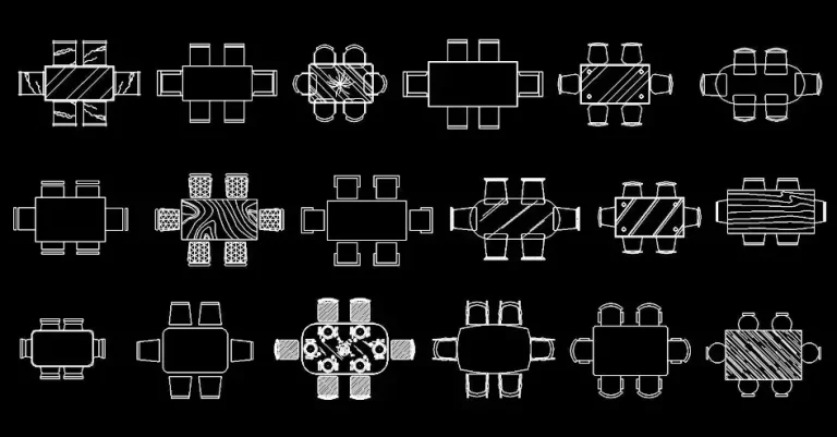 Télécharger une collection de blocs gratuits de collection de tables rectangulaires avec 6 chaises DWG