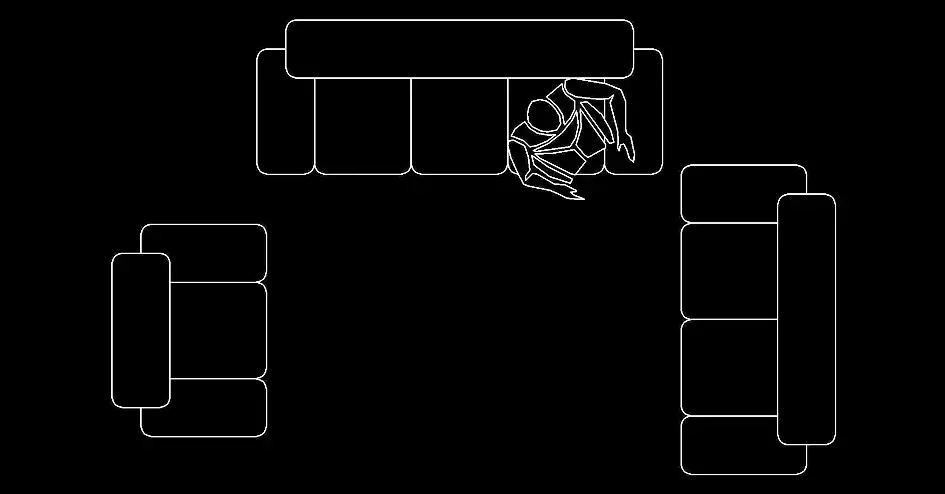 Télécharger un bloc gratuit de salon avec canapé 3 places et fauteuils DWG