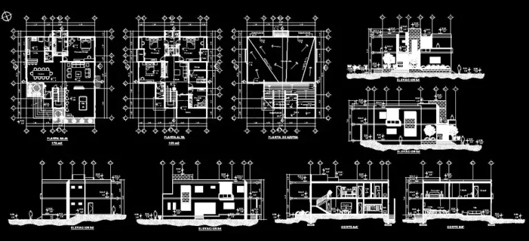 Télécharger des plans de maison unifamiliale de deux étages avec façades gratuits DWG