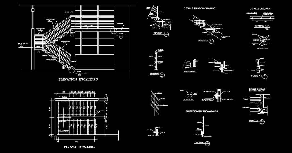 Télécharger des blocs gratuits : escaliers en plan et élévation avec détails constructifs DWG
